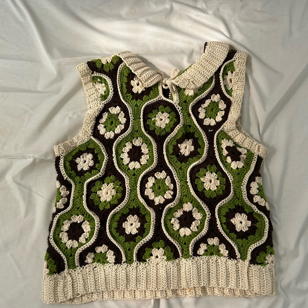 Handmade Green and Brown Crochet Sweater Vest - Picture 2 of 4